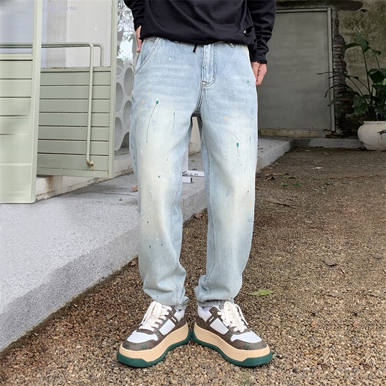 B230档2025秋冬新款宽松直筒泼墨甩漆男士牛仔长裤9115P90,男装休闲裤,电商B230