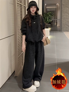 韩系宽松显瘦时尚套装女秋冬新款豹纹套头连帽卫衣直筒长裤两件套图片