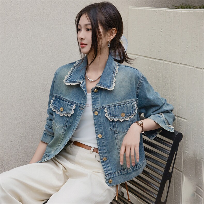 bao款蓝色牛仔外套女短款2025春季新款时尚气质直筒毛边夹克上衣,女装牛仔外套,江南女神