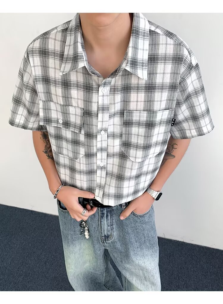 复古衬衫男夏装港风学生宽松小众设计感趣味新款男装上衣外穿,男装衬衫,四季星座505