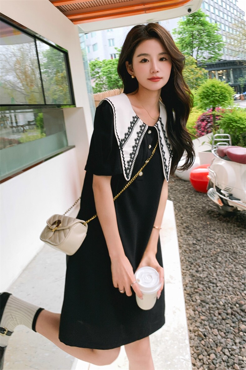 黑色海军领高级感设计感中长裙bxf182-8375-P120K178,女装连衣裙,帛香坊