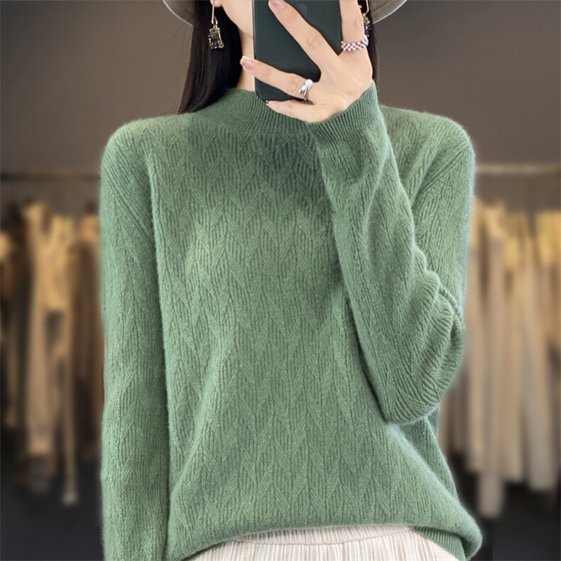 纯色长袖套头2024年秋季半高领羊毛毛衣女打底针织衫,女装羊毛衫,暖圣羊羊绒