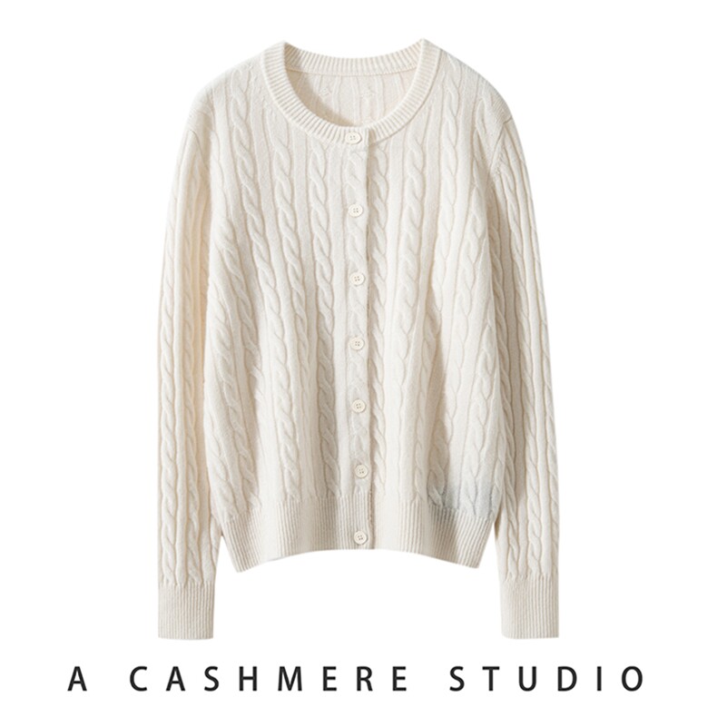 2025春秋新款羊绒衫女100纯山羊绒圆领扭花加厚针织开衫纯色外套，女装羊绒衫，启东羊绒