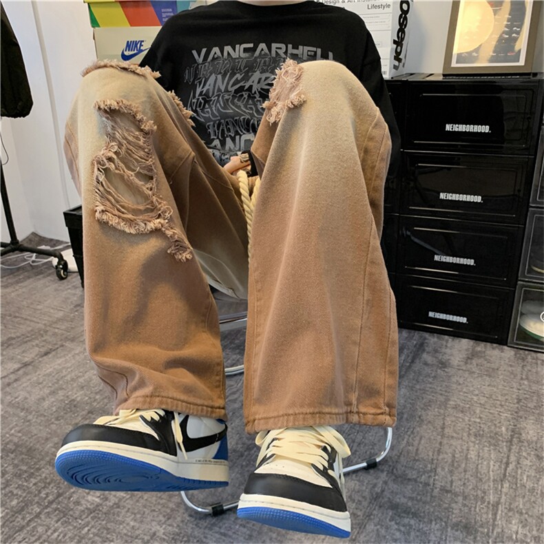 潮流破洞休闲直筒牛仔裤宽松阔复古韩版男士阔腿拖地裤N9129-p45,男装牛仔裤,星座1008-1