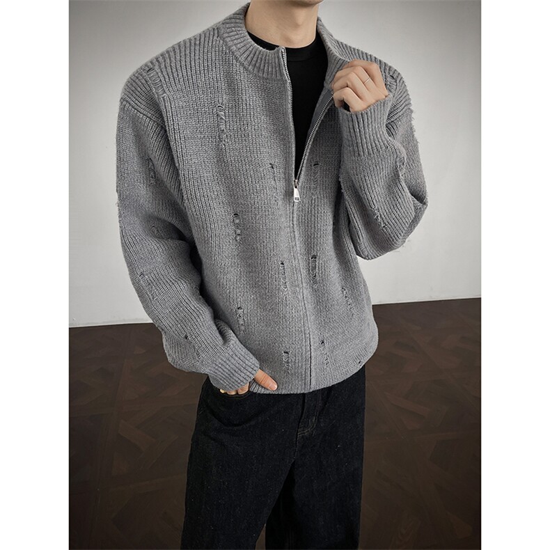 宽松港风休闲上衣慵懒风不规则破洞设计开衫毛衣HY869TP55控98，男装针织衫/毛衣，电商A102B