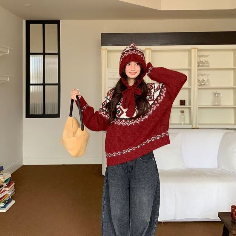 美式费尔岛复古提花毛衣女秋冬2025新款设计感休闲针织保暖外套,男装针织衫/毛衣,星座1210-1