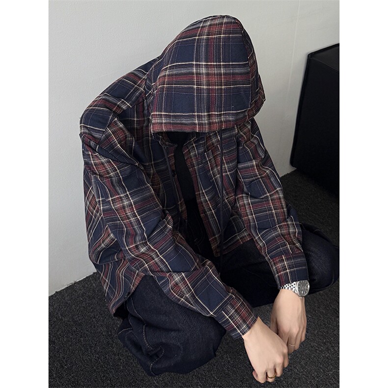 韩版撞色格子长袖衬衫oversize男复古连帽外套5Q1124-TP4088,男装衬衫,电商A102