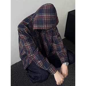 韩版撞色格子长袖衬衫oversize男复古连帽外套 5Q1124-TP4088图片
