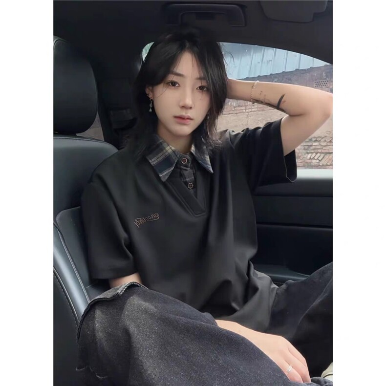 网图假两件拼接衬衫领短袖男女美式复古格子学院风上衣YY811-P35,男装T恤,电商C216