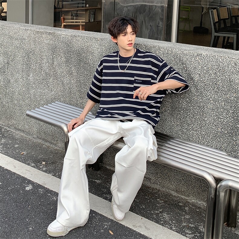 条纹廓形休闲短袖T恤男夏季新款日系宽松圆领上衣,男装T恤,星座410-6（原星座1304-1）