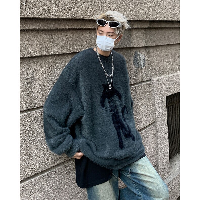 B221-P56 秋冬新款美式套头毛绒长袖针织衫慵懒风宽松圆领毛衣男图片