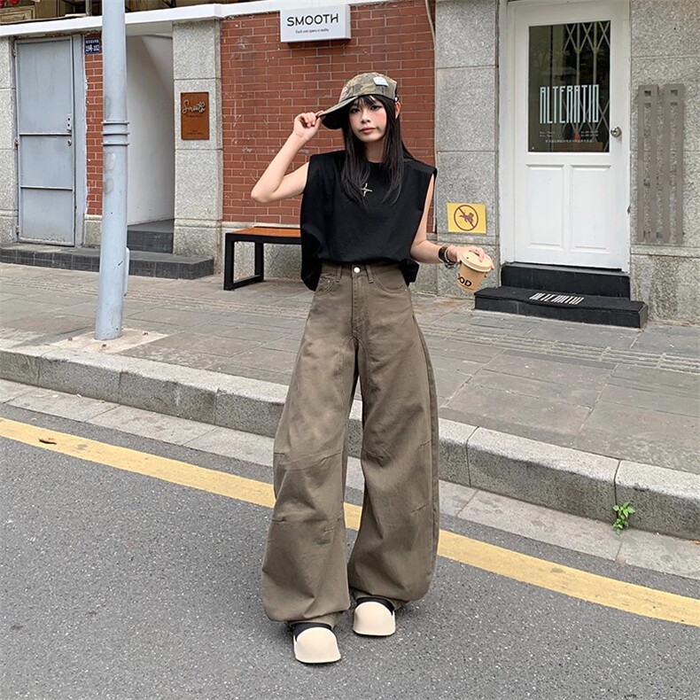 2025夏季新款美式复古水洗宽松直筒牛仔裤女百搭垂感阔腿裤子,男装牛仔裤,星座1210-1