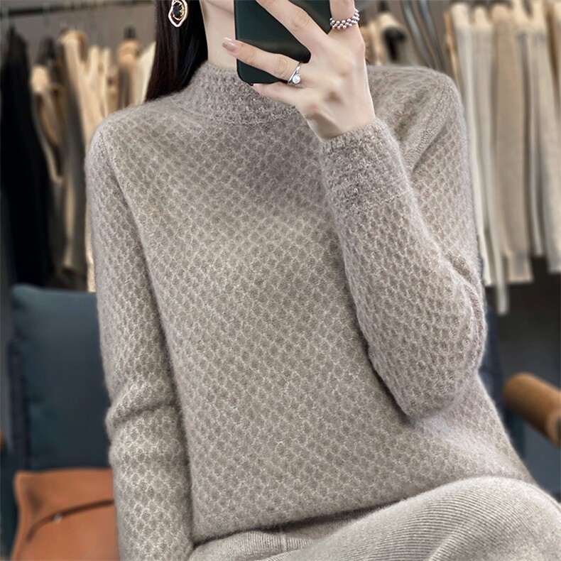 2024秋冬新款半高领毛衣女时尚纯色简约百搭羊毛针织衫,女装羊毛衫,暖圣羊羊绒