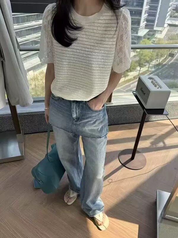 精纺拼接蕾丝条纹短袖,针织衫/毛衣,圣旺供货