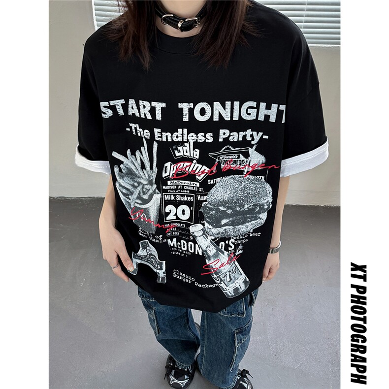 主推美式手绘印花复古情侣短袖T恤宽松中性上衣男女H938P30，男装T恤，电商A341