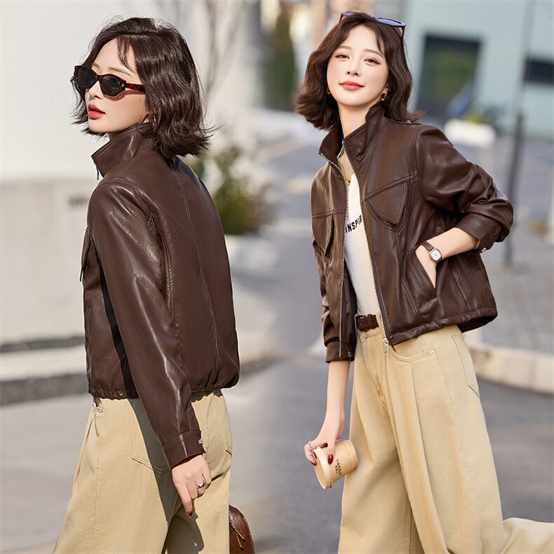 皮衣外套女短款2025新款春季时尚立领小个子休闲机车服皮夹克上衣，女装皮衣，臻衣坊