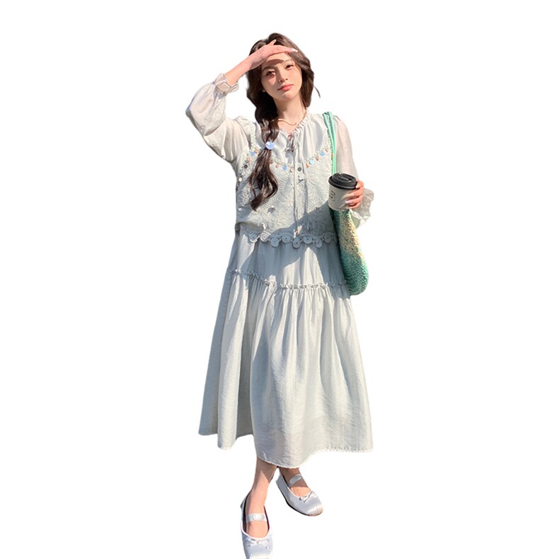 蓝色清新减龄连衣裙女2025春季新款高腰显瘦少女感吊带,女装连衣裙,2C220