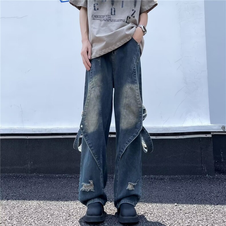 美式高街潮牌青春时尚百搭直筒复古做旧水洗拼接设计飘带牛仔裤子图片