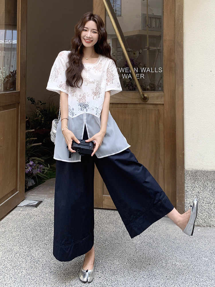 慵懒风薄纱拼接T恤套装女2025夏新款设计感宽松休闲阔腿裤两件套,女装套装/套裙,浙宝192（原082）
