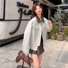 撞色拼接翻领皮衣外套女秋季2025新款独特超好看休闲百搭短款夹克，女装短外套，2C375