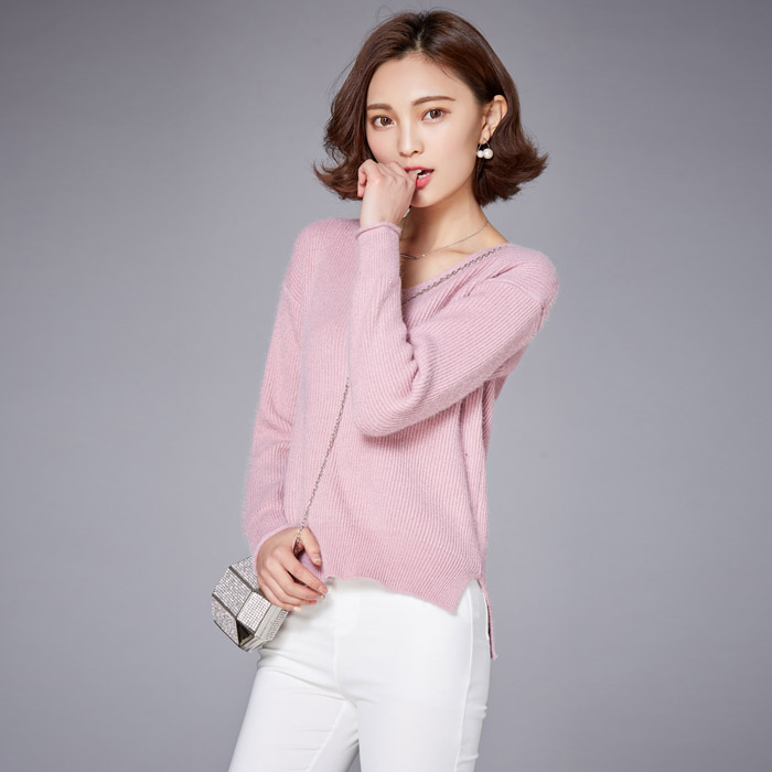时尚V领宽松红色毛衣女秋冬季新款百搭显瘦长袖针织衫上衣,女装T恤,安之芮娜