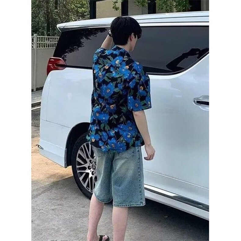 港风复古油画印花衬衫短袖男女小众设计感度假风衬衣C712,男装T恤,星座1116A（原606A-3）