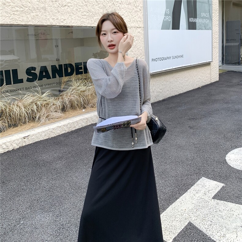 时尚休闲套装女春秋季设计感镂空薄款针织衫内搭吊带裙长袖两件套,女装连衣裙,2C166