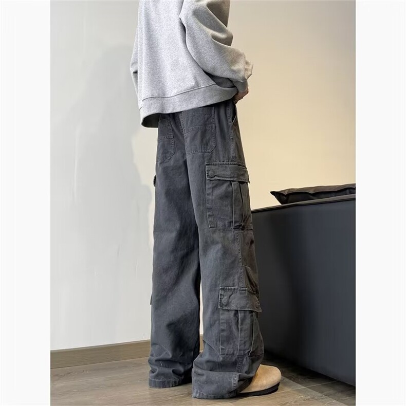 现货工装裤水洗纯棉多口袋立体做旧微喇宽松休闲直筒口袋工装长裤，男装工装外套，星座302B