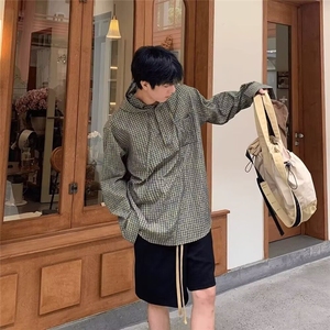 J536复古新款格纹纽扣连帽卫衣男女高级感美式格子拼接套头上衣图片