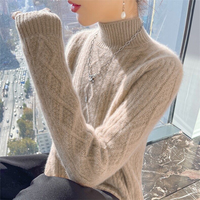 25秋冬100%纯羊毛衫女半高领菱形扭花加厚长袖毛衣宽松羊绒衫打底,女装羊毛衫,宇灿羊绒