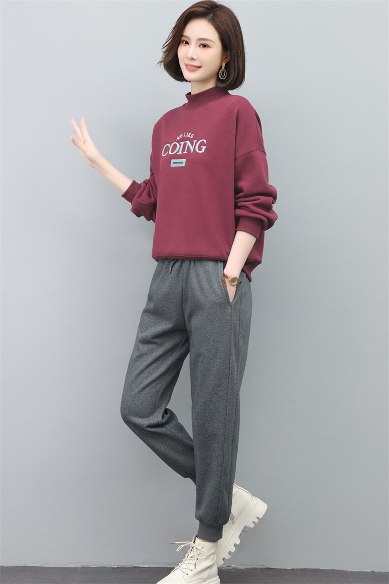 冬季新款加厚加绒卫衣两件套女刺绣休闲卫衣女中老年妈妈装,女装套装/套裙,璐依舞