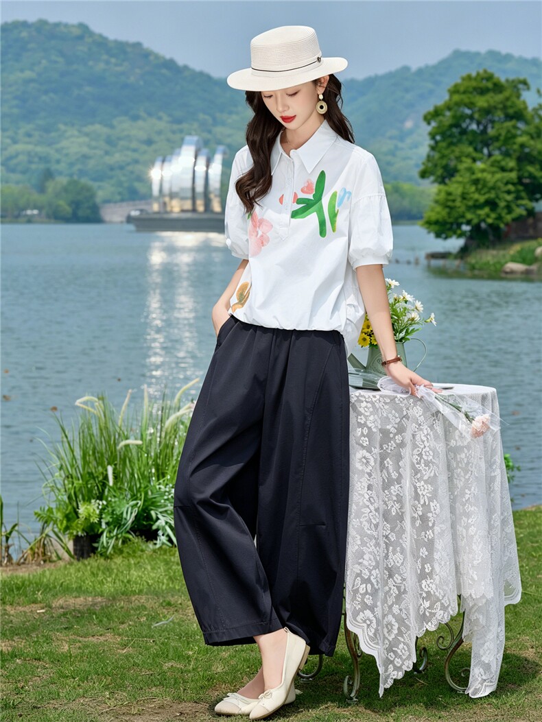 2026年夏季新款时尚水墨印花衬衫裤子两件套,女装套装/套裙,依路服饰