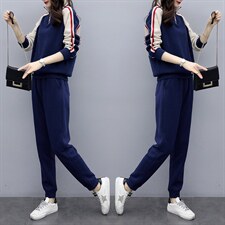 休闲运动套装女2025春秋新款韩版时尚拼接立领宽松跑步卫衣两件套，女装套装/套裙，凯瑟曼