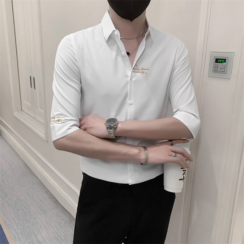 夏季新款休闲衬衣修身款男士七分袖刺绣衬衫男301A-1/CS331/P55,男装衬衫,星座301A-1