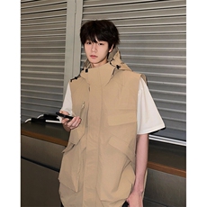 8XL-M四季工装外套街头机能口袋连帽防水无袖马甲坎肩JK1316P78，男装夹克，电商D206-1