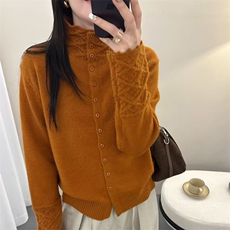 2025年秋季时尚百搭通勤简约休闲重工领口袖口钩花半高领，女装针织衫/毛衣，九嘉羊绒