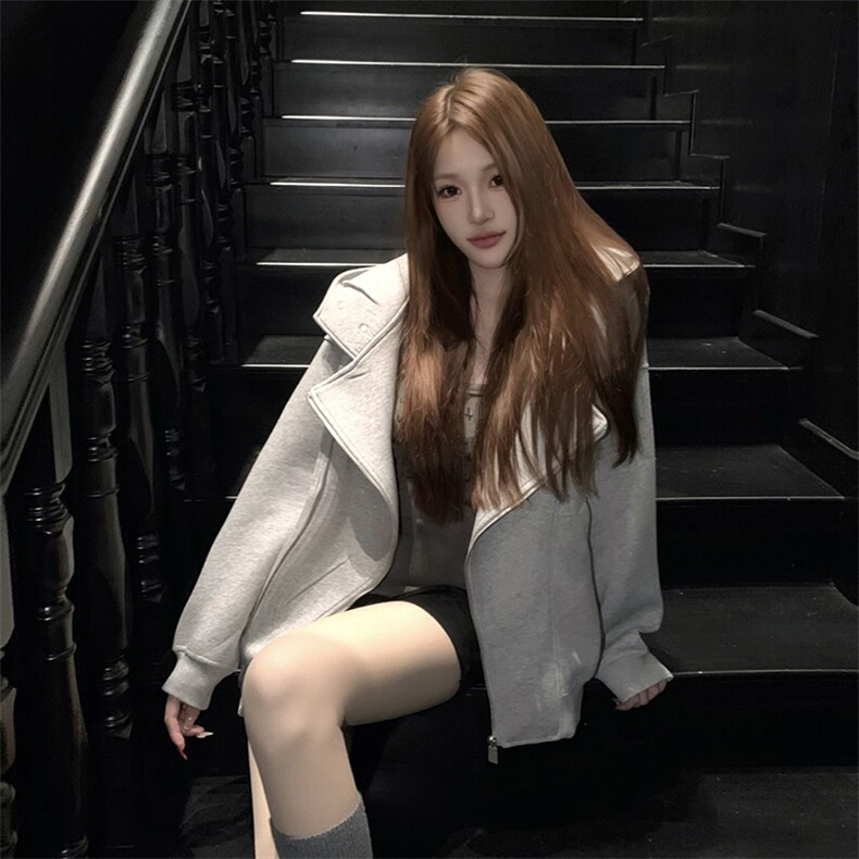 抖音得物品质26春装美式重磅结构斜拉链高领连帽卫衣开衫外套W61,女装短外套,电商A486