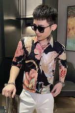 312A-105-P55新款社会小伙中袖衬衫韩版潮流男士五分袖衬衣C，男装T恤，星座312A-5