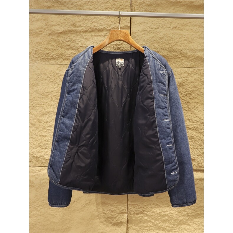 小众秋冬水洗牛仔棉衣夹克男绗缝保暖包边无领棉服外套TT2289 P77图片