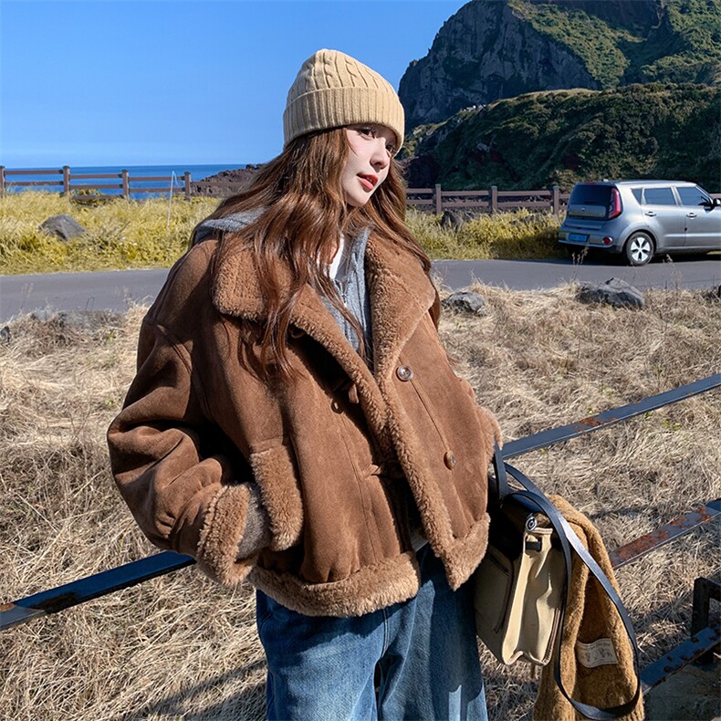 皮毛一体仿羊羔毛短外套女冬季2025新款爆款小个子加绒加厚棉服潮,女装羊羔毛/颗粒绒,诺蝶