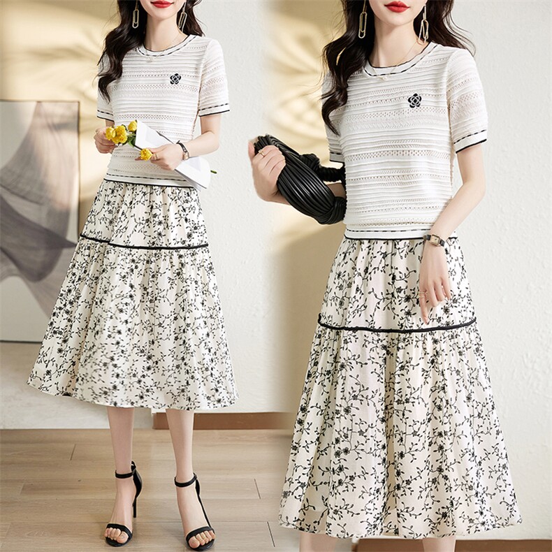 小香风短袖连衣裙女夏季2025新款洋气圆领冰丝针织衫碎花半裙套装，女装套装/套裙，欣贝拉