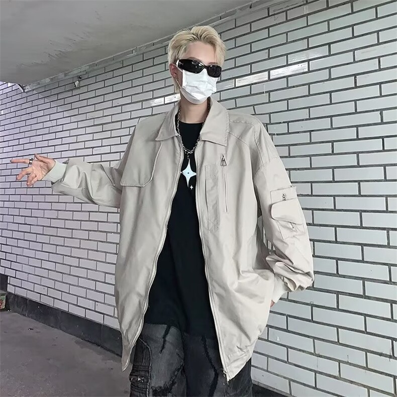 垂感撞色长袖衬衫男春秋宽松设计感轻奢拼接v领衬衣潮,男装夹克,星座716-3