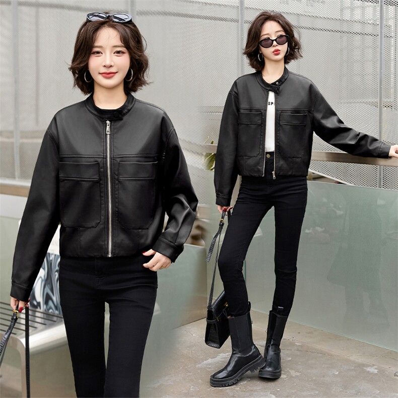 皮衣外套女装短款2024秋季新款立领时尚休闲机车风皮夹克上衣,女装皮衣,江南女神