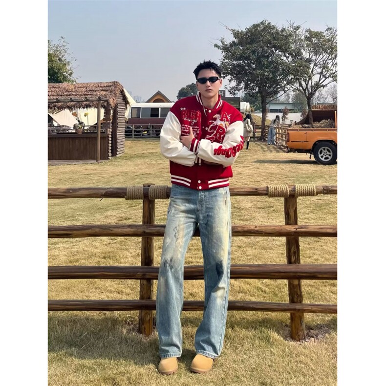 W11126-P70网图现货美式拼接钉珠皮袖棒球服高街潮牌宽松夹克,男装夹克,星座1608