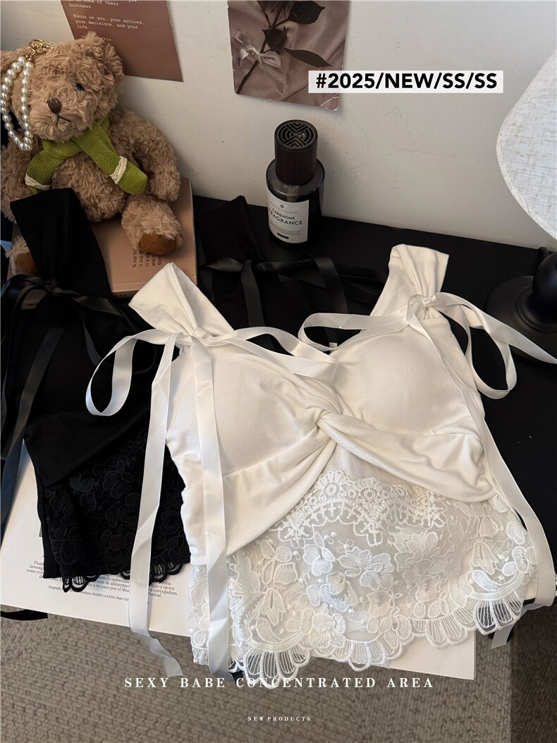 辣妹蕾丝拼接扭结绑带吊带背心修身带胸垫上衣夏季女装,女装背心吊带,梦白服饰厂