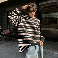 全棉重磅设计感条纹小众长袖T恤男秋季宽松卫衣男A210A-WY05-P48，男装T恤，电商A210A