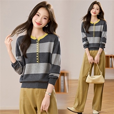 秋冬羊毛针织衫撞色时尚圆领洋气条纹新款百搭上衣宽松毛衣打底衫，女装羊毛衫，艾米