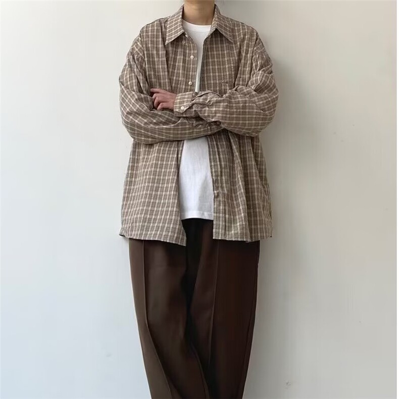 1506/Q30160/P42美拉德棕色格子长袖衬衫男女春秋季免烫,男装衬衫,星座1506