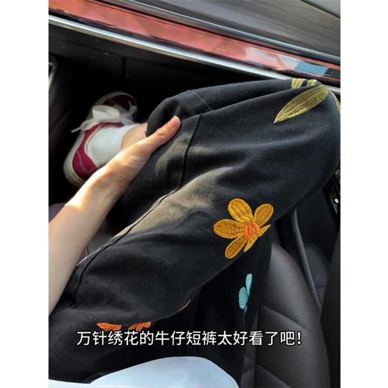 B221美式ins高街宽松花朵刺绣七分牛仔裤短裤LK25536-特P45控78,男装牛仔裤,电商B221