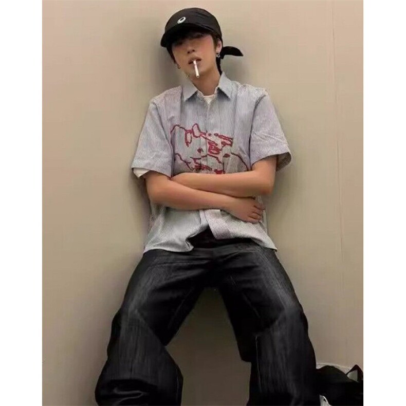 短袖衬衫男女夏季新款兔子印花条纹衬衣外套小众上衣CA6716,男装T恤,星座1116A（原606A-3）